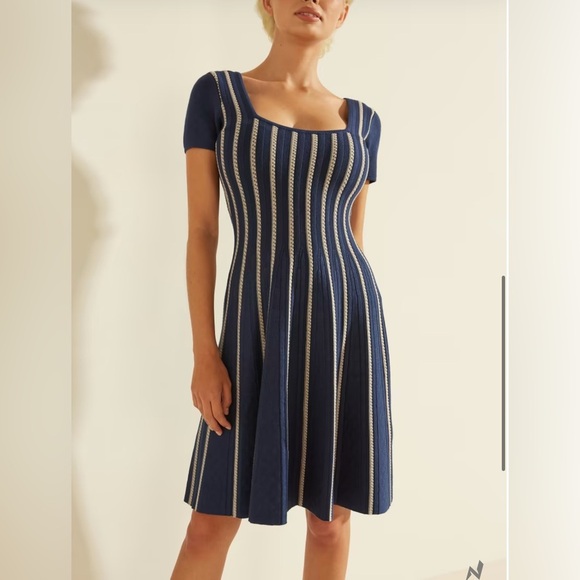 Guess Blue and Cream Striped Knit Flare Dress Size S - Picture 5 of 12